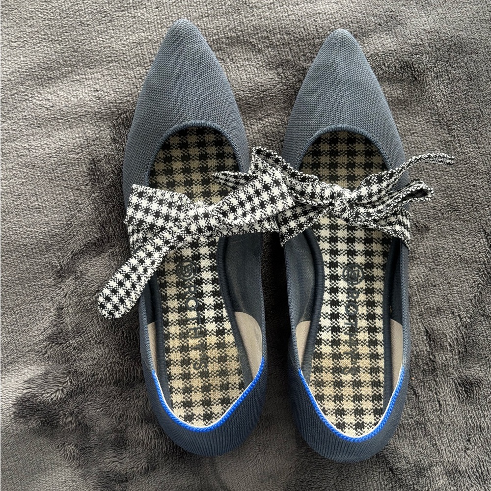 Rothy's Gray and Blue Flats with Gingham Bow